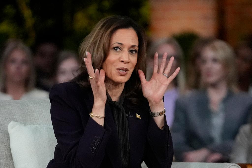 Democratic presidential nominee Vice President Kamala Harris speaks as she joins Oprah Winfrey at Oprah's Unite for America Live Streaming event 