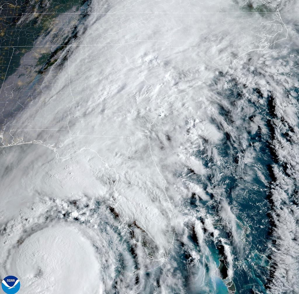 This satellite image provided by NOAA shows Hurricane Helene advancing across the Gulf of Mexico toward Florida on Thursday, Sept. 26, 2024.