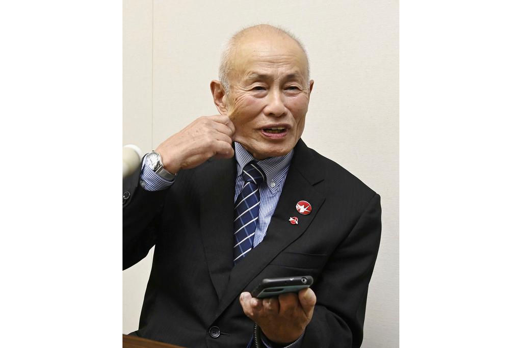 Toshiyuki Mimaki, president of Nihon Hidankyo, or the Japan Confederation of A- and H-Bomb Sufferers Organizations, reacts as he speaks to media members in Hiroshima, western Japan, Friday, Oct. 11, 2024, following Nihon Hidankyo's winning the Nobel Peace Prize.