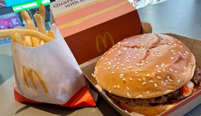 French fries, hamburger in box