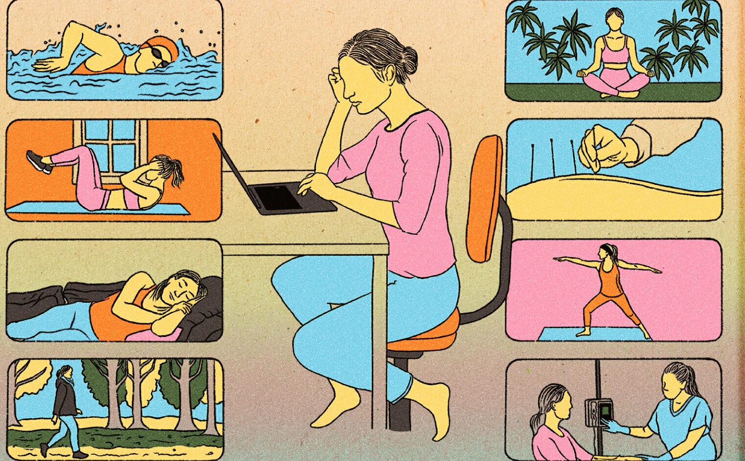 A drawing of a woman working on her laptop, surrounded by pictures of her swimming, exercising, walking, napping, meditation, acupuncture, stretching and getting a health checkup