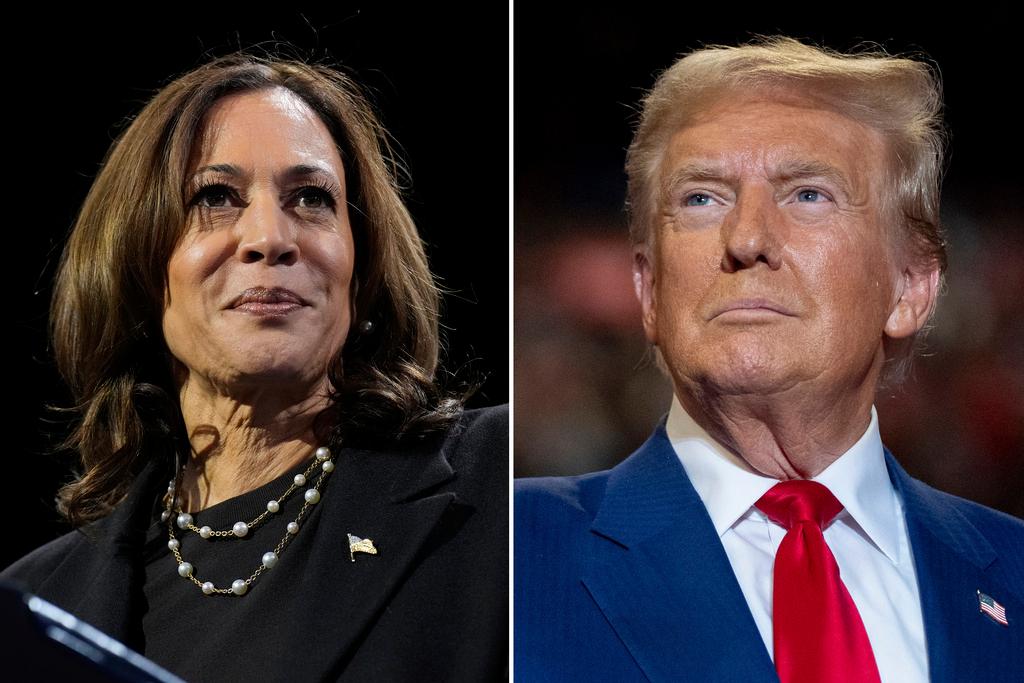 This combination of file photos shows Democratic presidential nominee Vice President Kamala Harris, left, speaking at a campaign rally Erie, Pa., on Oct. 14, 2024, and Republican presidential nominee former President Donald Trump speaking a campaign rally in Uniondale, N.Y., on Sept.18, 2024. 