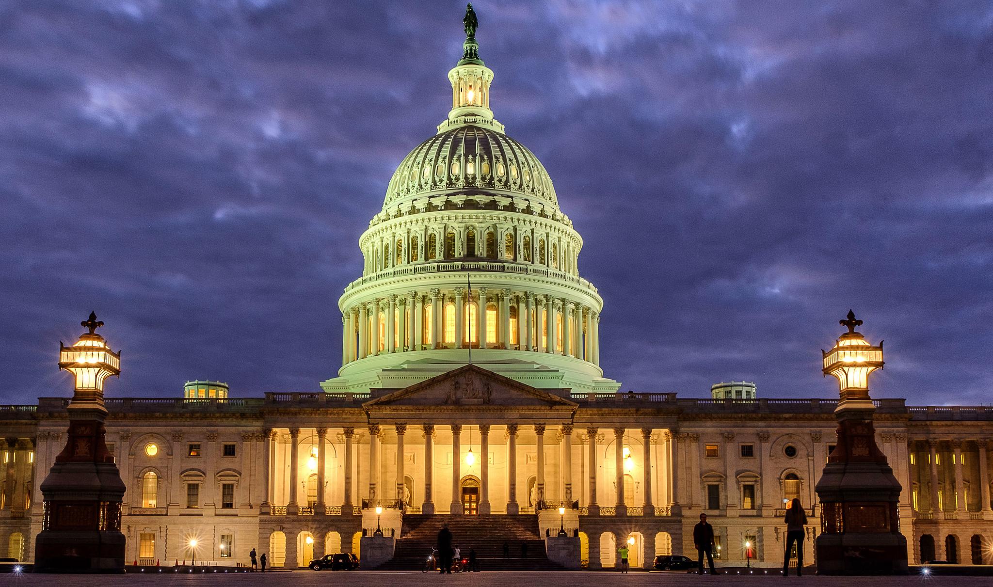 U.S. Capitol building lit up at dusk