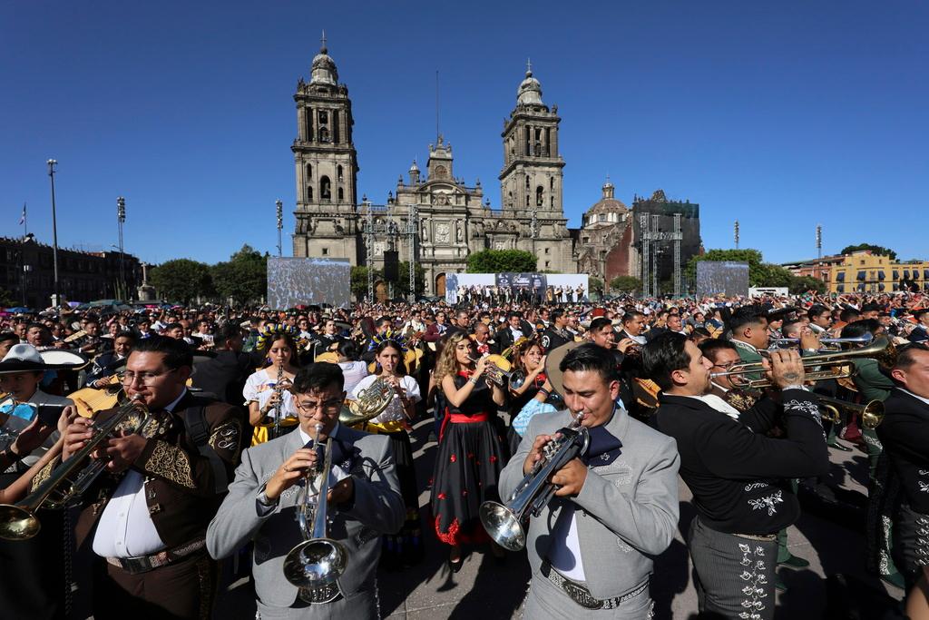 Musicians gather to break the record of most mariachis performing in unison, at the Zocalo, Mexico City's main square