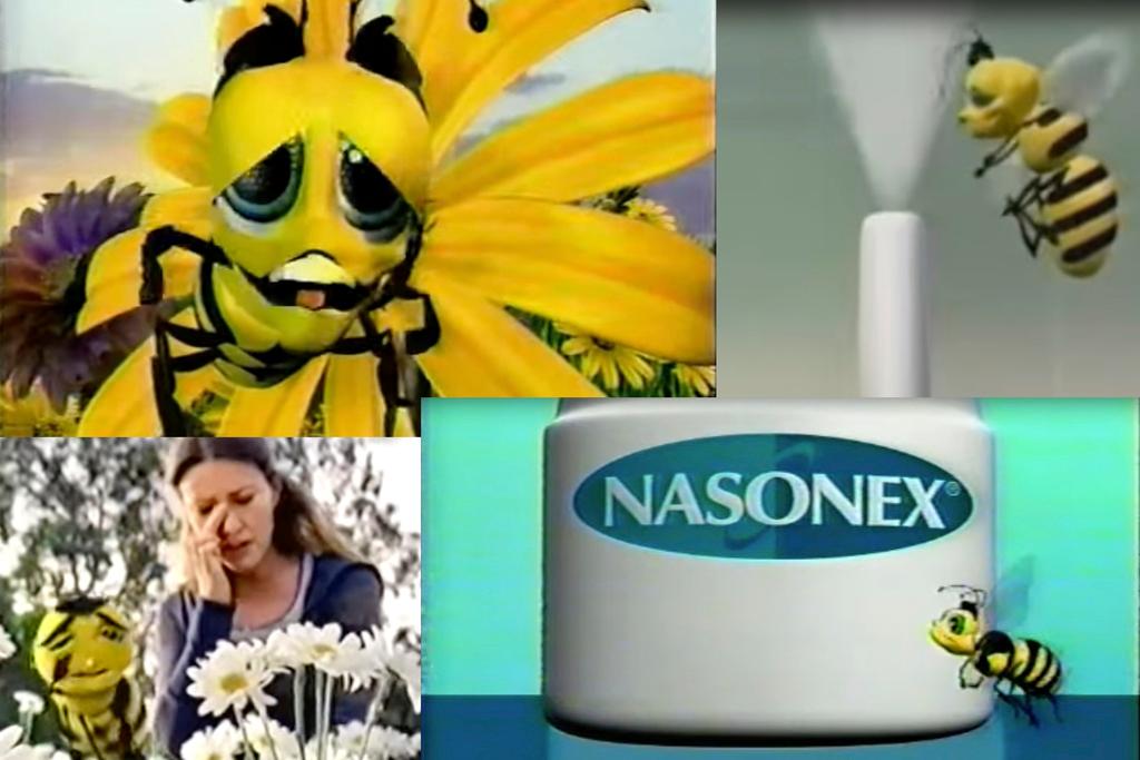 Combination of images from video shows scenes from Nasonex television commercials 