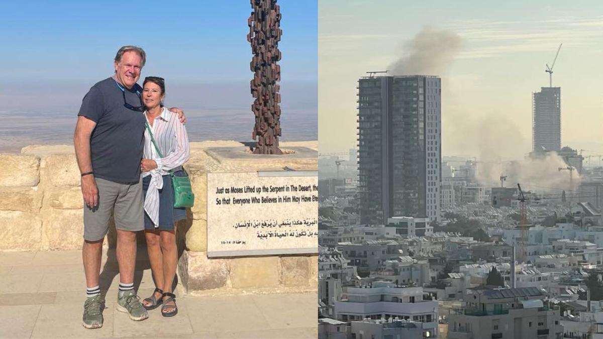 First photo: Alan and Becky Williams in The Holy Land. Second photo: Explosion aftermath taken on Becky's phone. 