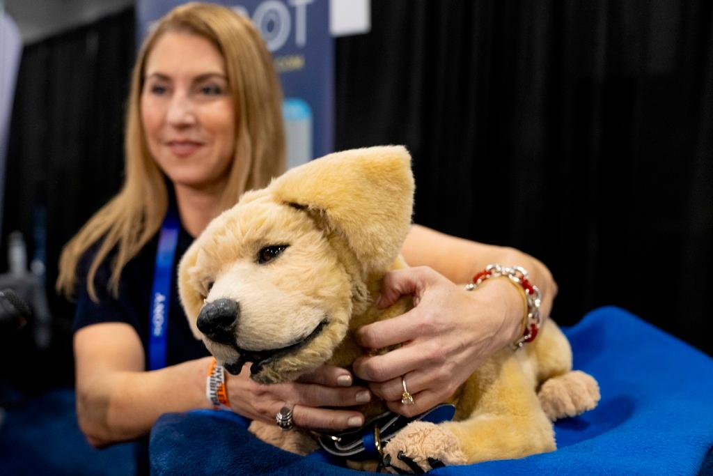 Tombot, a robotic dog for people who can not have a real pet, gets a scratch during 2025 CES Unveiled