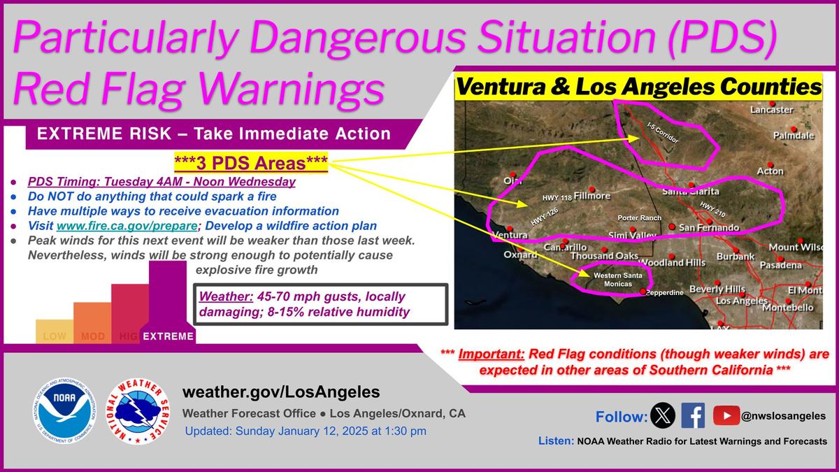 Strong, locally damaging, NE/E winds will affect West LA Co. & much of Ventura Co thru Wednesday. Critical fire weather is expected...