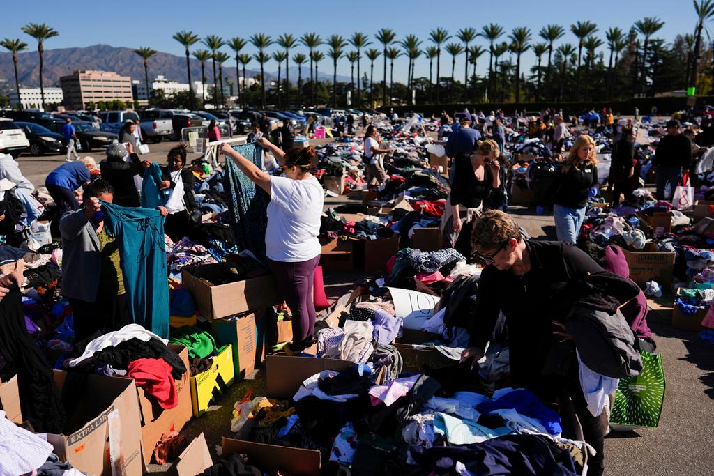 tems are laid out at an aid center for people affected by wildfires at Santa Anita Park