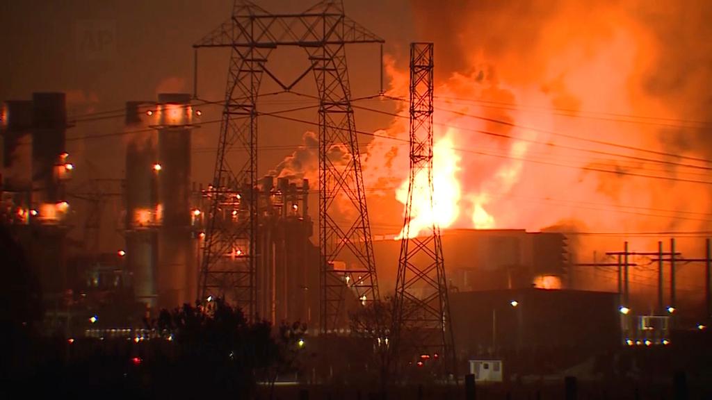 Flames rising after a major fire erupted Thursday afternoon at the Moss Landing Power Plant, located about 77 miles south of San Francisco