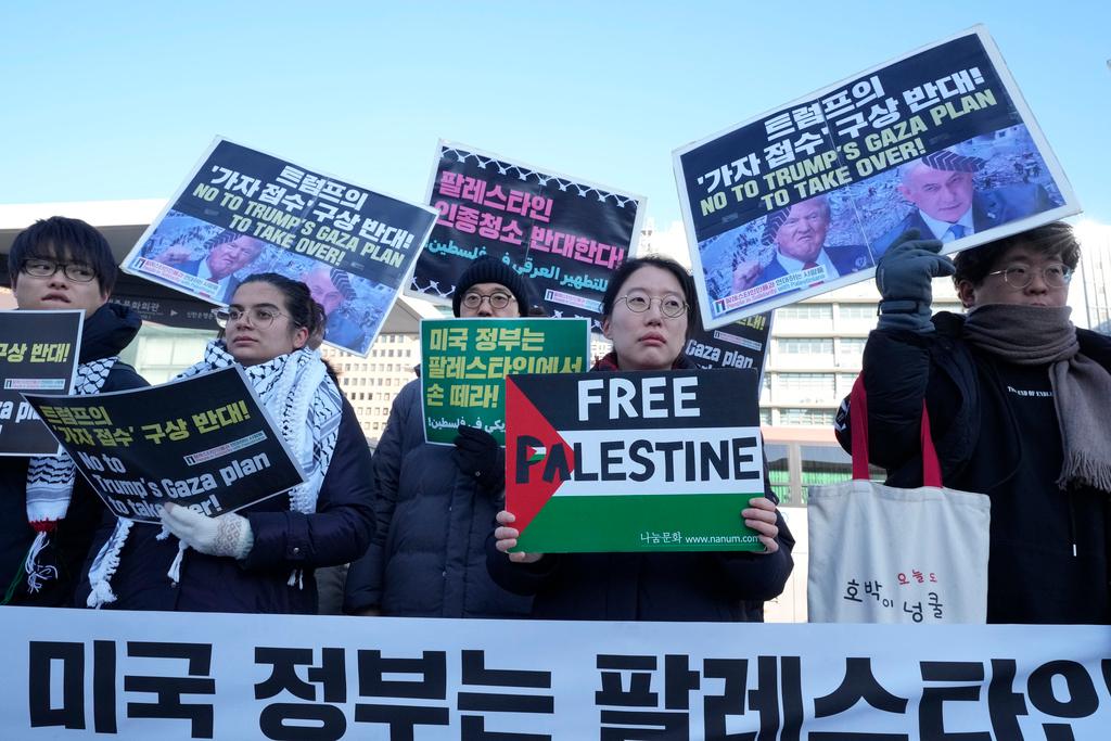 People gather to protest against U.S. President Donald Trump's proposal for the Gaza Strip, near the U.S. embassy in Seoul, South Korea, Wednesday, Feb. 5, 2025.