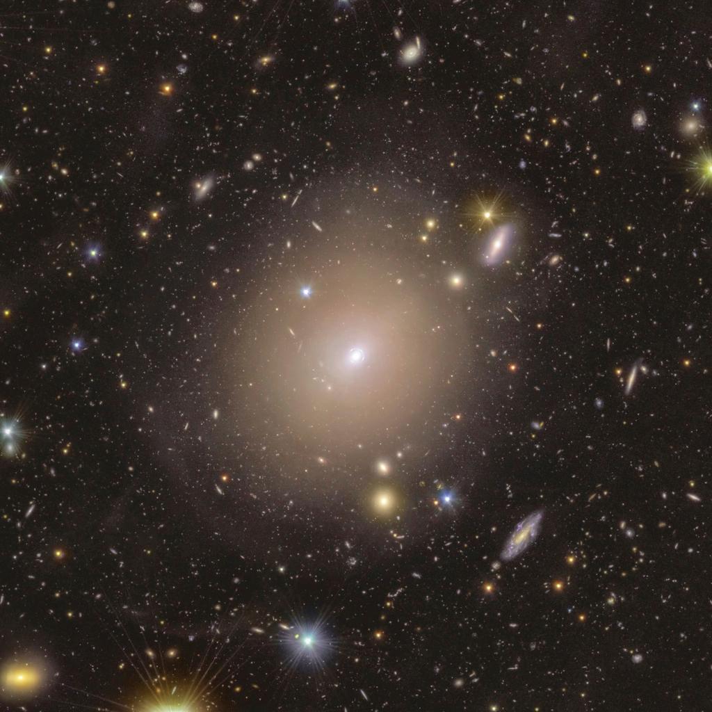 A ring of light surrounding the center of the galaxy NGC 6505, captured by European Space Agency's Euclid telescope, an example of an Einstein ring