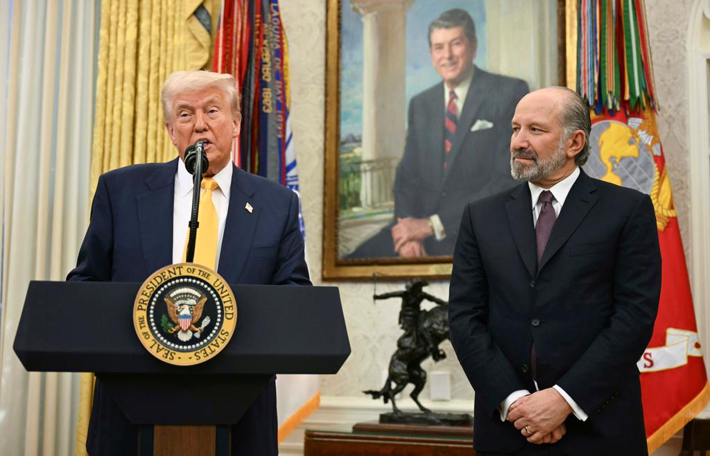 President Donald Trump speaks during a ceremonial swearing-in for Secretary of Commerce Howard Lutnick in the Oval Office of the White House