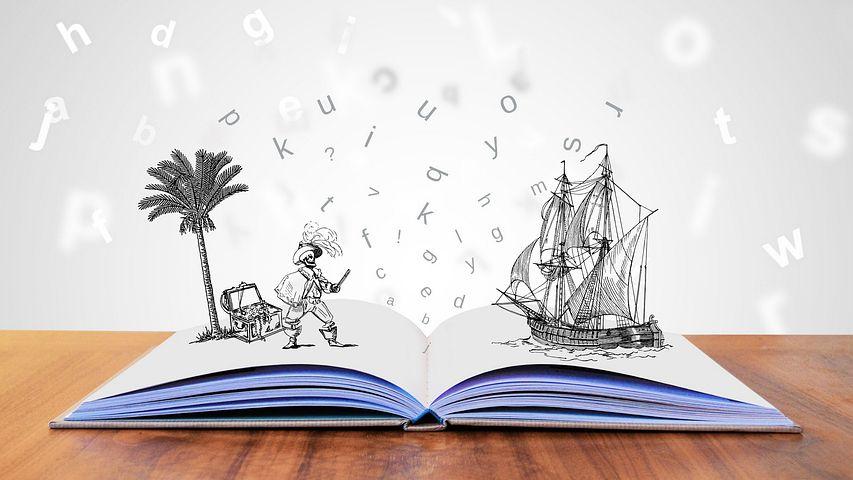 A open book with animated ship, captain and floating lettters