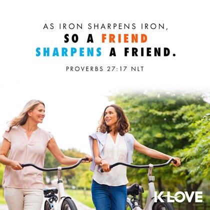 'As Iron Sharpen iron. so a friend sharpens a friend' quote image with two ladies smiling and walking with bicycle