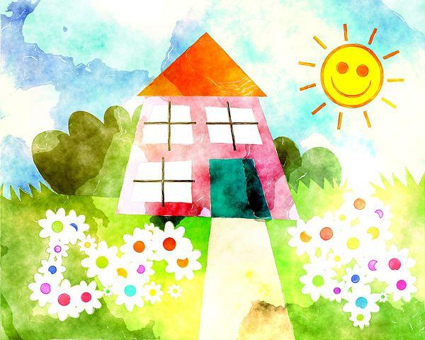 Watercolor of small house,sun,flowers