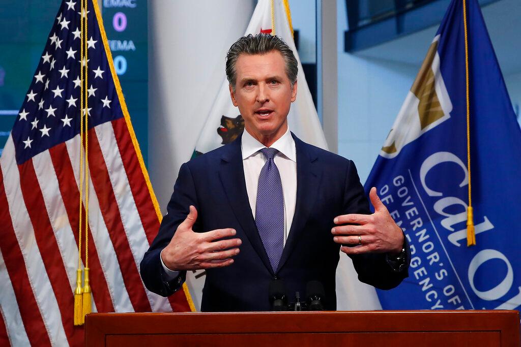 Gov. Gavin Newsom updates the state's response to the coronavirus at the Governor's Office of Emergency Services in Rancho Cordova, Calif.