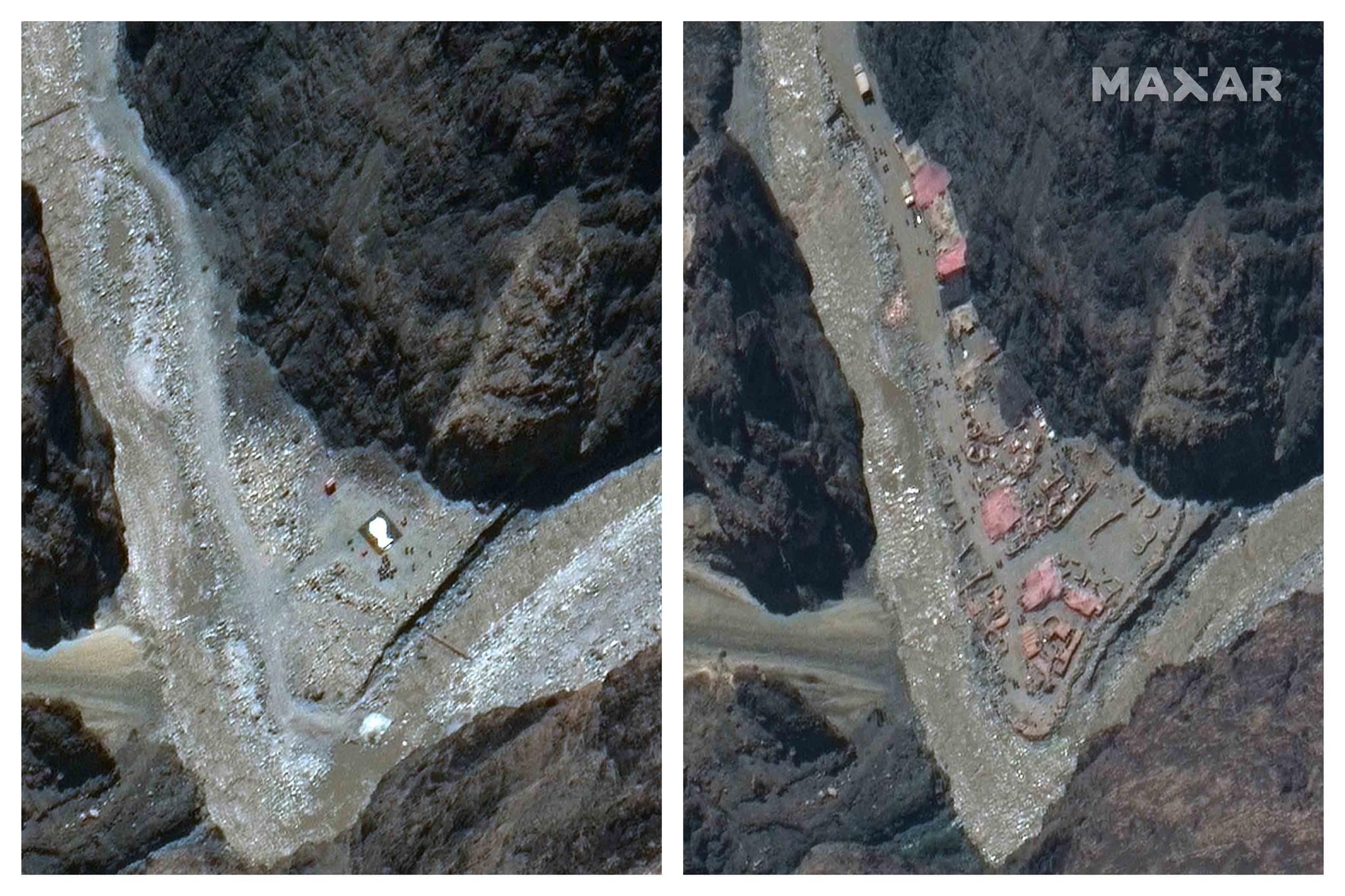 left, and June 23 satellite images provided by Maxar Technologies shows construction in the Galwan river valley near the disputed border known as the Line of Actual Control between India and China.