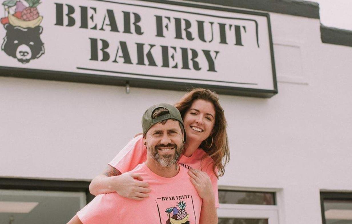 Bear Fruit Bakery owners Ryan and Kaitlin Stafford in front of bakery