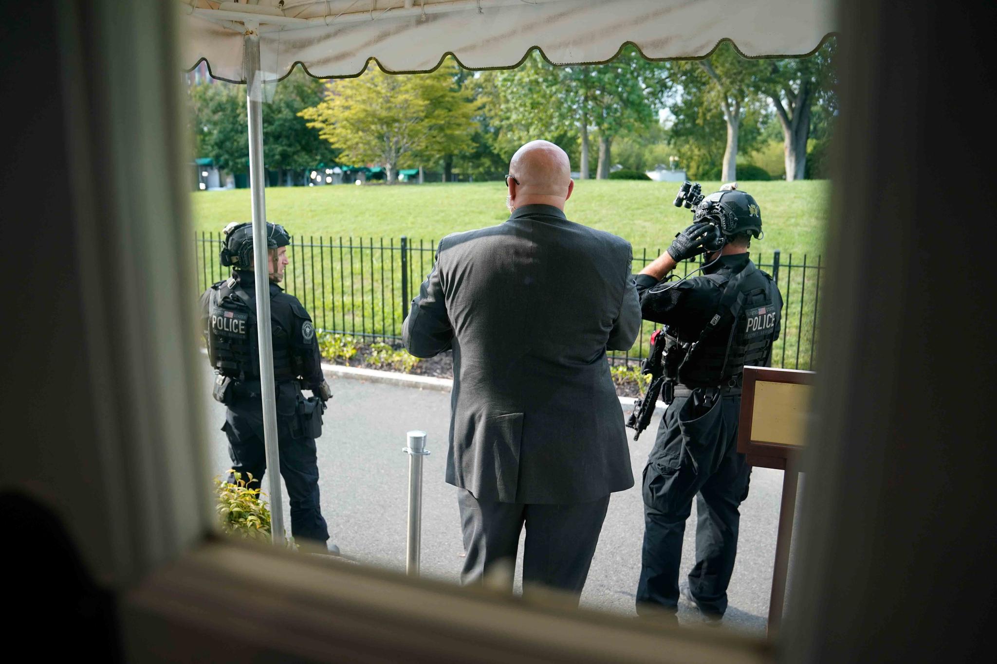 U.S. Secret Service Police stand outside the James Brady Press Briefing Room at the White House, Monday, Aug. 10, 2020