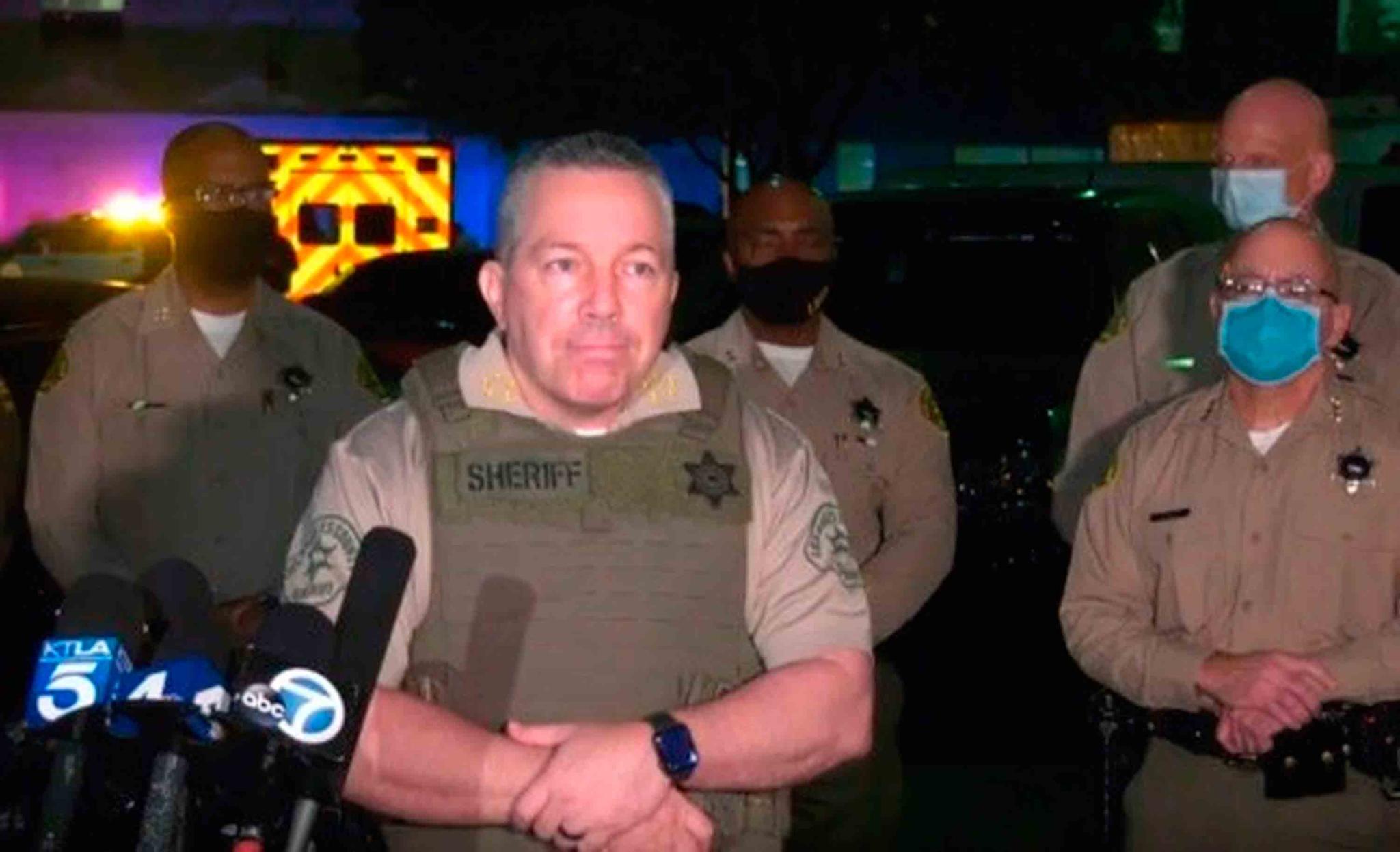 This Saturday, Sept. 12, 2020, still image taken from video released by the Los Angeles County Sheriff's Department, shows Los Angeles Sheriff Alex Villanueva taking questions at a late-night news conference about the condition of two Sheriff's deputies in Compton, Calif.