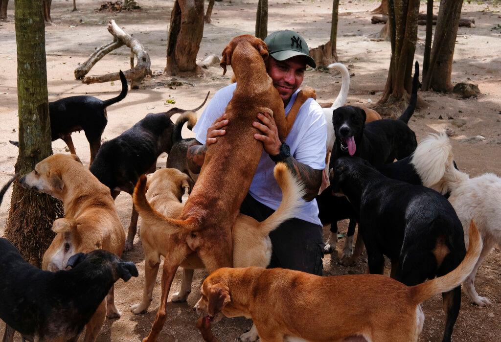 Ricardo Pimentel is greeted by dogs that he rescued at his Tierra de Animales (Land of Animals) shelter in Leona Vicario, Mexico