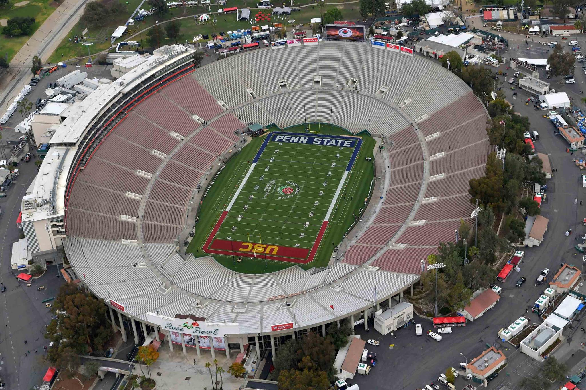 This Jan. 2, 2017, file pool photo, shows an aerial view of the empty Rose Bowl stadium before to the Rose Bowl NCAA college football game between Southern California and Penn State in Pasadena, Calif.