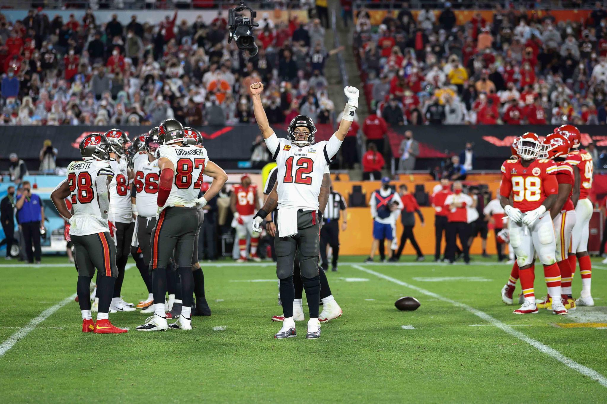 Tampa Bay Buccaneers quarterback Tom Brady (12) celebrates during the NFL Super Bowl 55 football game against the Kansas City Chiefs, Sunday, Feb. 7, 2021 in Tampa, Fla.