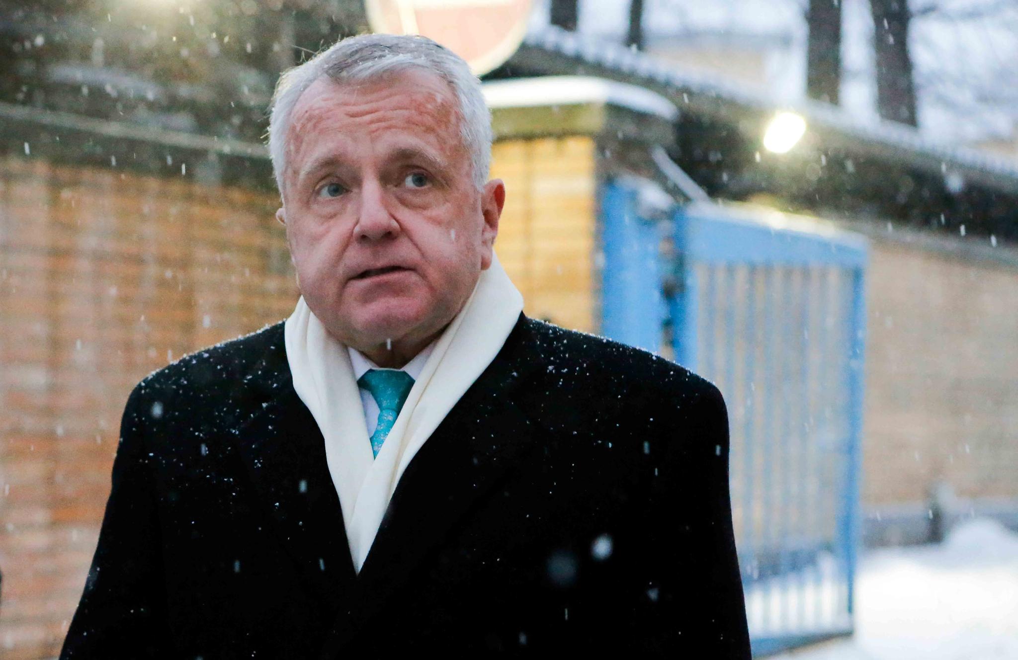 In this file photo taken on Thursday, Jan. 30, 2020, U.S. Ambassador to Russia John Sullivan speaks to the media after visiting Paul Whelan, a former U.S. marine who was arrested for alleged spying in Moscow, Russia.