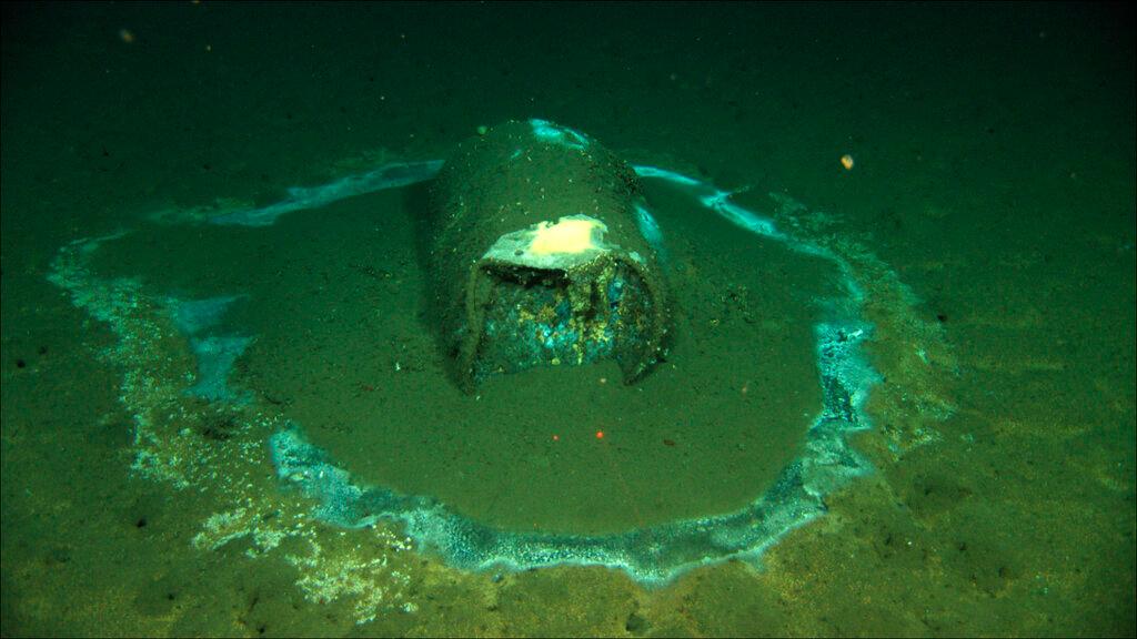 A barrel sits on the seafloor near the coast of Catalina Island, Calif. 