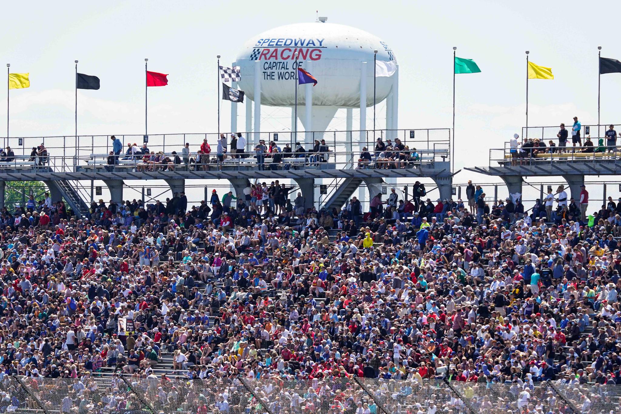 Fans fill the stands during the Indianapolis 500 auto race at Indianapolis Motor Speedway in Indianapolis, Sunday, May 30, 2021.