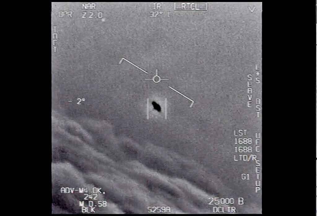 Image from video provided by the Department of Defense labelled Gimbal, from 2015, an unexplained object is seen at center as it is tracked