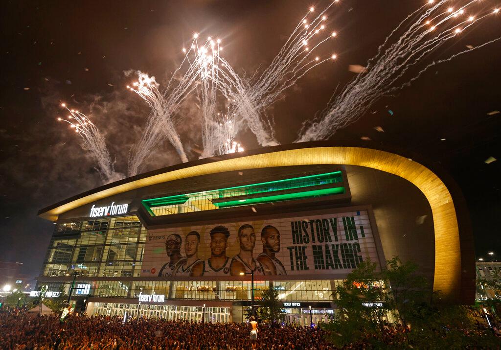 Fireworks explode over fiserv forum after the Milwaukee Bucks defeated the Phoenix Suns in Game 6 of the NBA basketball finals to win the NBA Championship early Tuesday, July 20, 2021, in Milwaukee.