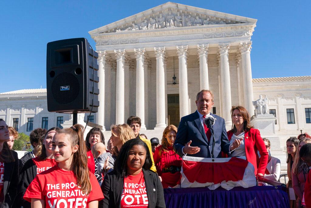 Texas Attorney General Ken Paxton addresses pro-life activists at a rally outside the Supreme Court