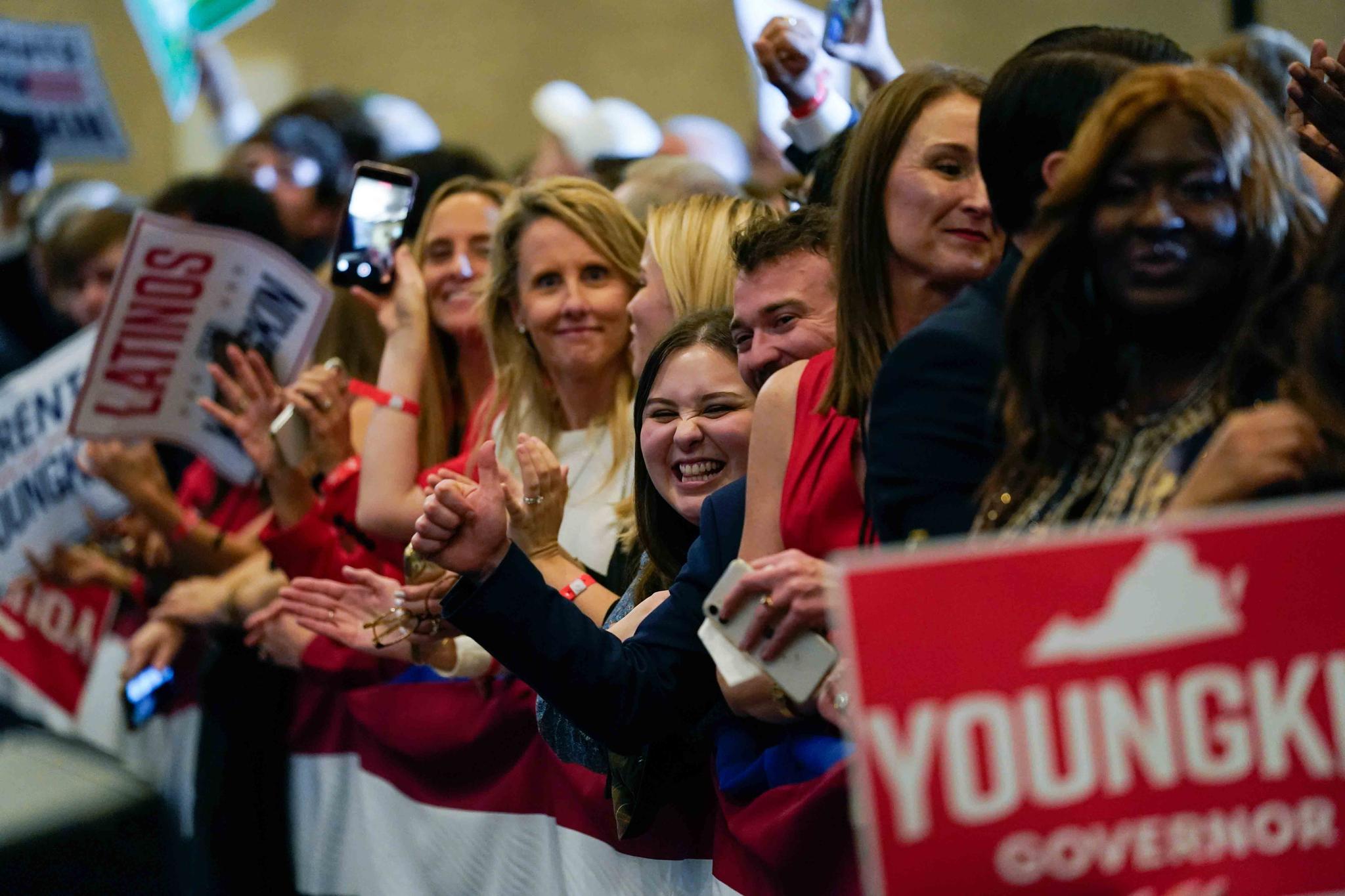 Supporters of Republican gubernatorial candidate Glenn Youngkin gather for an election night party in Chantilly, Va., Tuesday, Nov. 2, 2021.