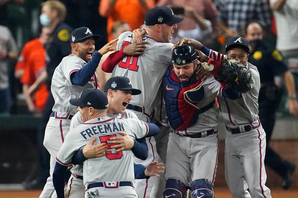 Atlanta Braves team members celebrate after winning World Series 