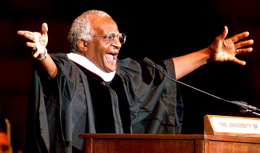 Archbishop Emeritus Desmond Tutu addresses new University of Oklahoma graduates, at a ceremony at the university after he received a honorary degree, Tuesday April 25, 2000 in Norman, Okla. Tutu, South Africa’s Nobel Peace Prize-winning activist for racial justice and LGBT rights and retired Anglican Archbishop of Cape Town, has died at the age of 90, South African President Cyril Ramaphosa has announced.