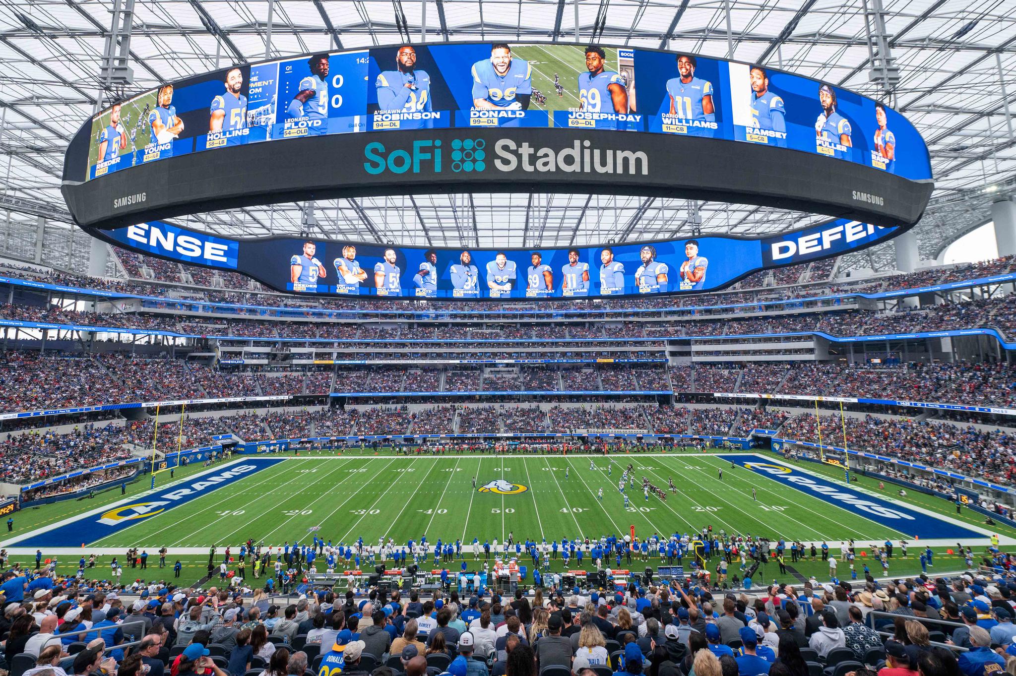 This is a general overall interior view of SoFi Stadium as the Los Angeles Rams takes on the Tampa Bay Buccaneers in an NFL football game Sunday, Sept. 26, 2021, in Inglewood, Calif.