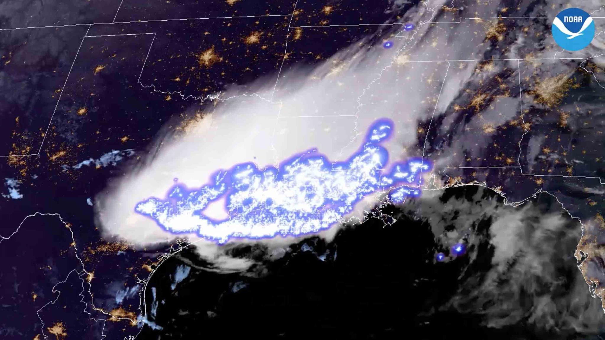 This satellite image provided by the National Oceanic and Atmospheric Administration shows a thunderstorm complex which was found to contain the longest single flash that covered a horizontal distance on record, at around 768 kilometers (477 miles) across parts of the southern United States on April 29, 2020.