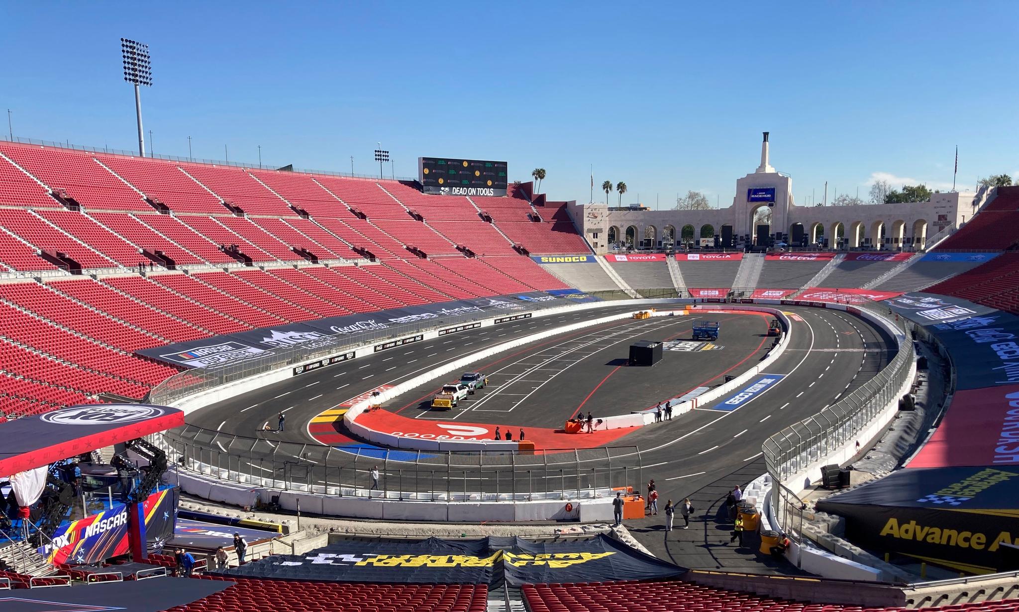 A temporary auto racing track inside the Los Angeles Coliseum