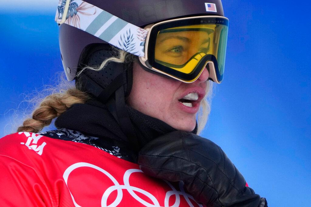 United States' Lindsey Jacobellis react after competing during the women's snowboard cross