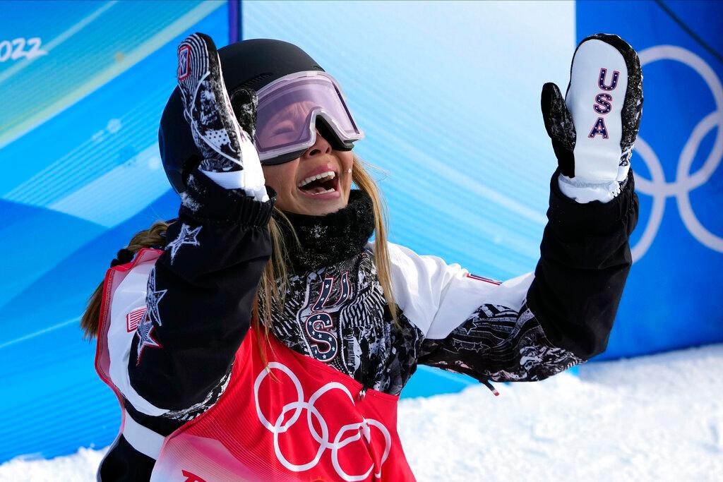 United States' Chloe Kim reacts during the women's halfpipe finals at the 2022 Winter Olympics, Thursday, Feb. 10, 2022, in Zhangjiakou, China.