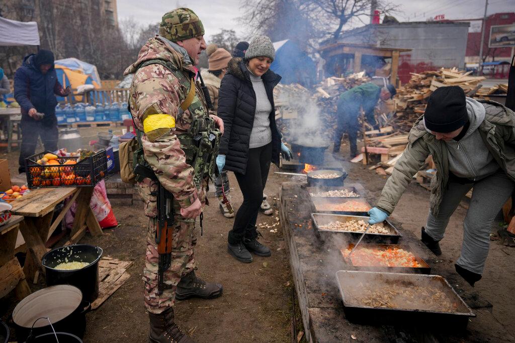 Field kitchen feeding soldiers in Ukraine capital of Kyiv 