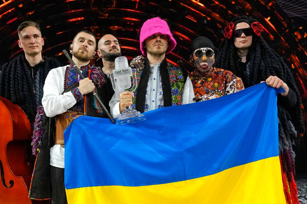 Kalush Orchestra from Ukraine celebrate after winning the Grand Final of the Eurovision Song Contest at Palaolimpico arena, in Turin, Italy