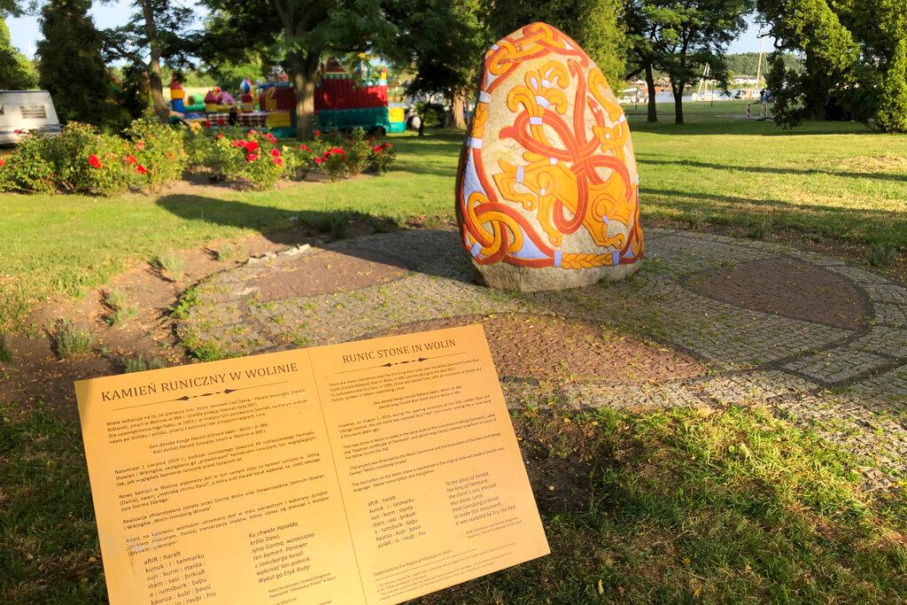 Stone with runic inscription in memory of Danish 10th century King Harald “Bluetooth” Gormsson, in Wolin, Poland