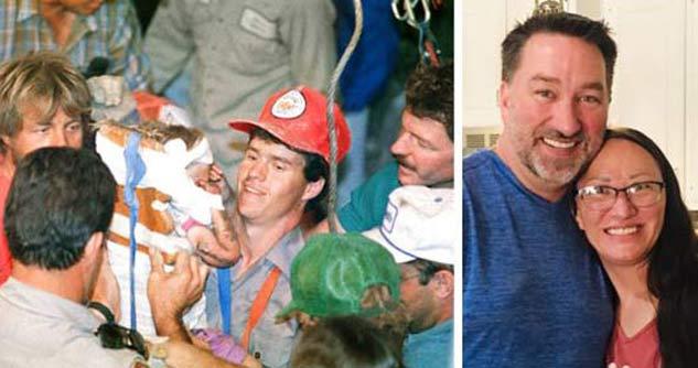 (L) Rescue worker Steven Forbes carries 18-month-old Jessica McClure after she was rescued from abandoned water well in Midland, Texas, Oct. 16, 1987. (AP Photo/Eric Gay) (R) Chip with his daughter “Baby Jessica” all grown up (The McClure Family)