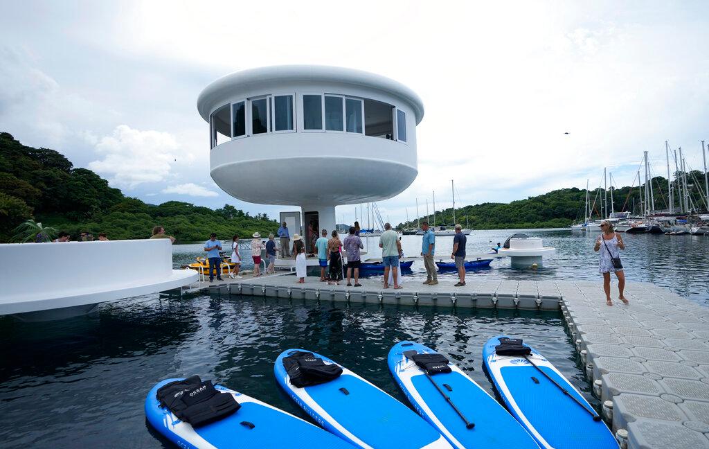 A SeaPod Eco prototype, the first of a futuristic line of homes built over water, is shown to the press