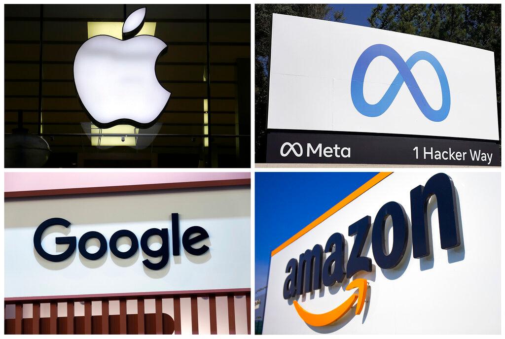 This photo combo of images shows logos for Apple, Meta, Google and Amazon.