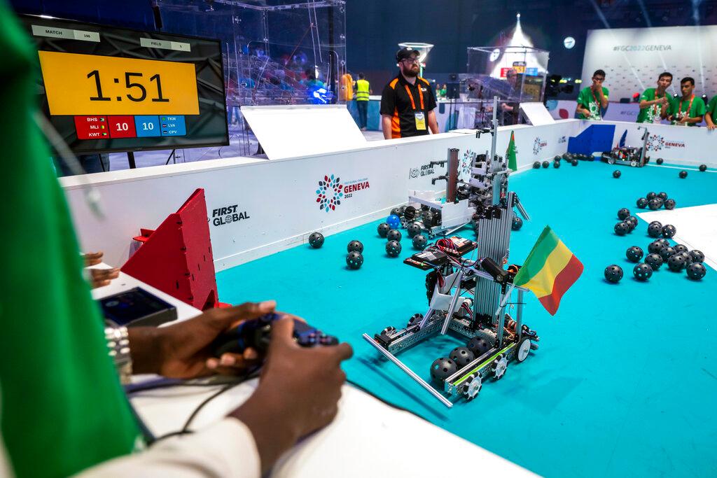 Robots from different teams compete during the 6th edition of the First Global Robotics Challenge in Geneva, Switzerland, Saturday, Oct. 15, 2022.