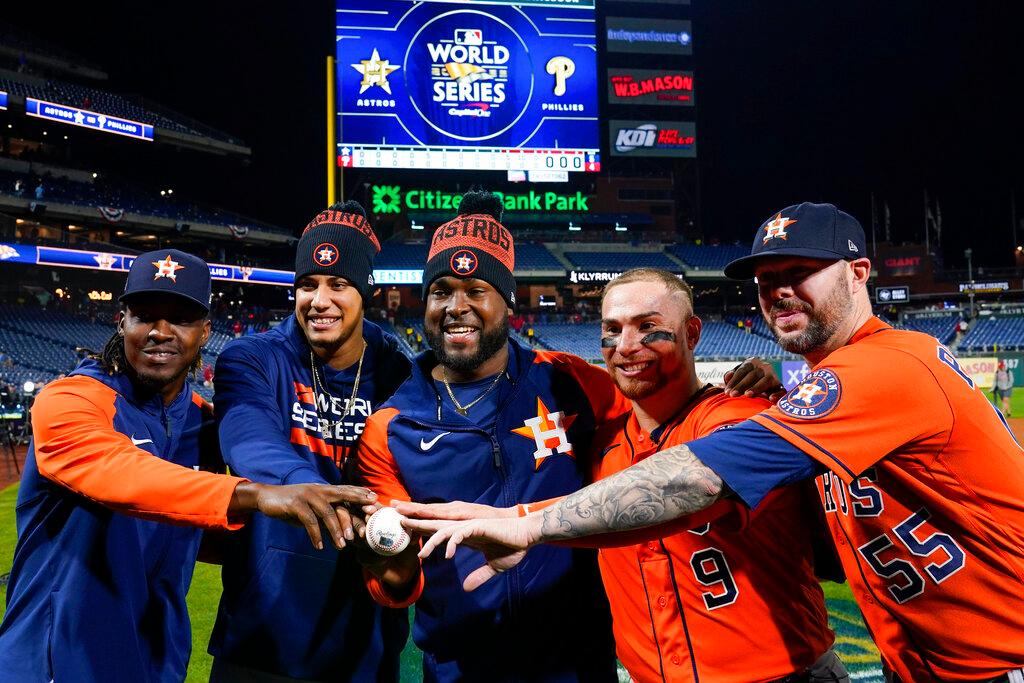 Houston Astros pitchers celebrate a combined no hitter after Game 4 of baseball's World Series between the Houston Astros and the Philadelphia Phillies